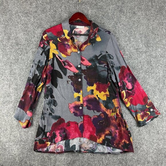 Habitat Tops - Habitat Top Womens Small Blouse Abstract Floral Print Long Sleeve Curved Hem